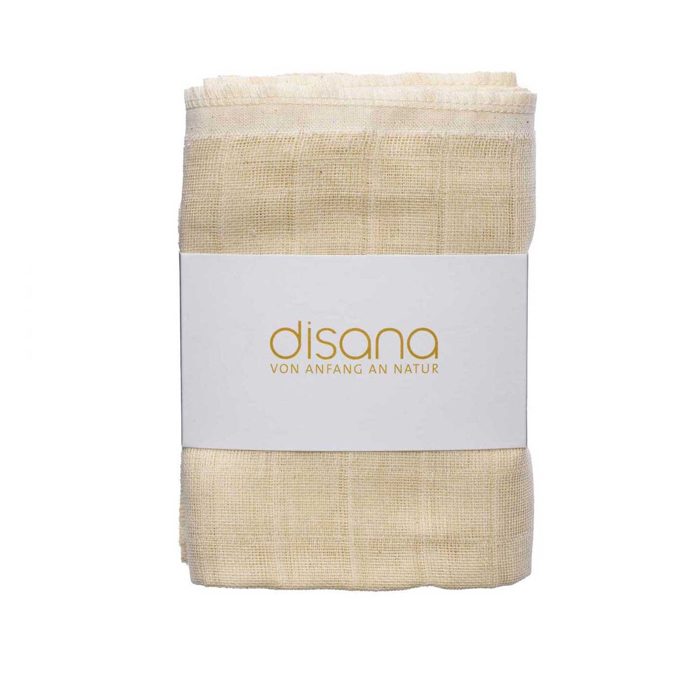 Packaged natural muslin baby washcloths with Disana branded paper wrap, ready for gifting or everyday use