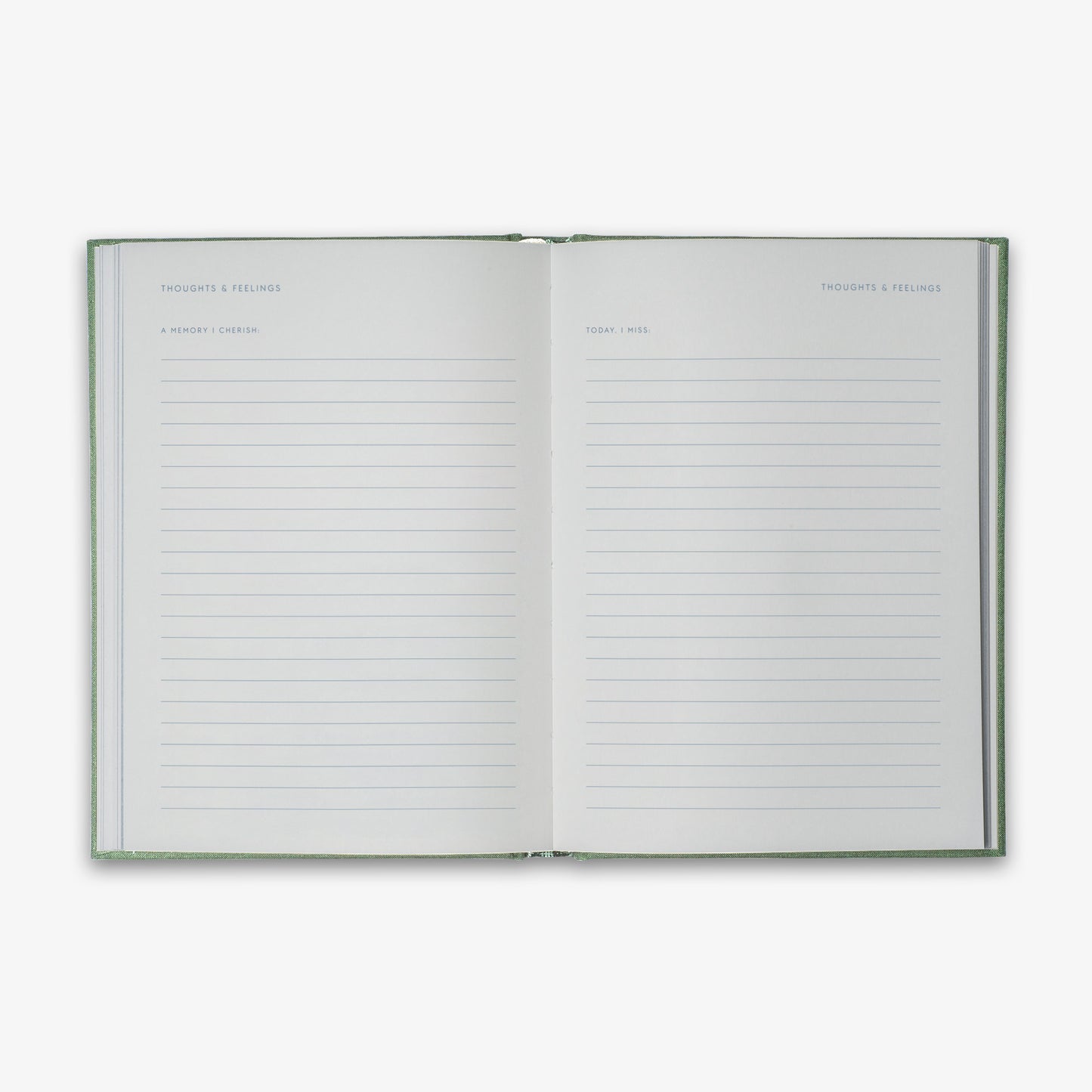 Grief journal interior spread showing memory and missing prompts for honoring loved ones