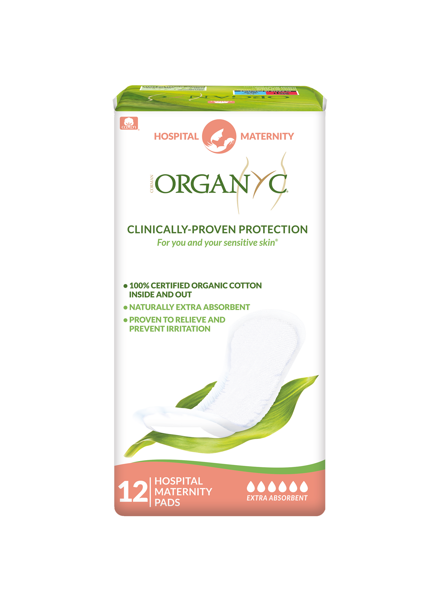 Organyc maternity pads package with 12 extra absorbent organic cotton pads for postpartum recovery
