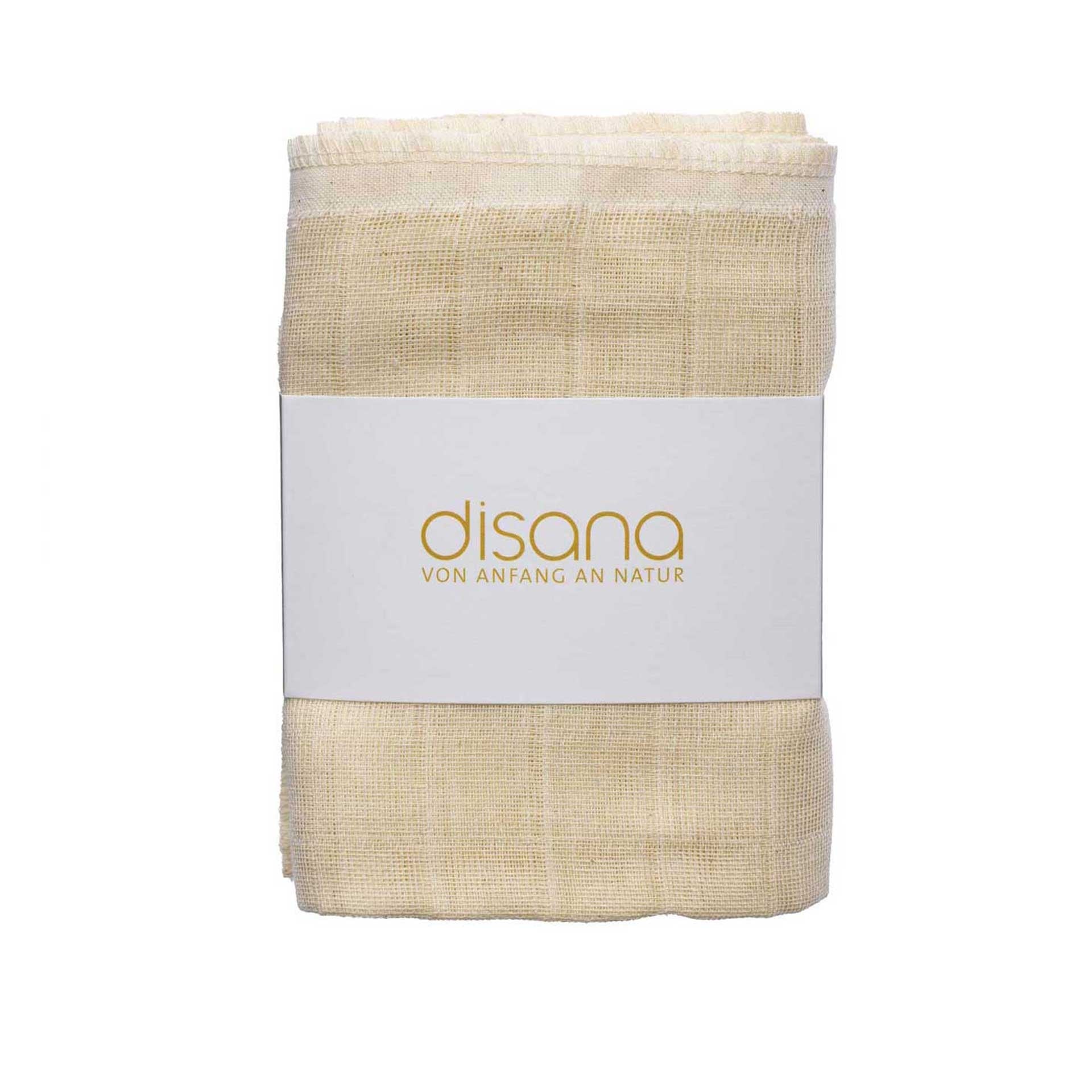 Packaged natural muslin baby washcloths with Disana branded paper wrap, ready for gifting or everyday use