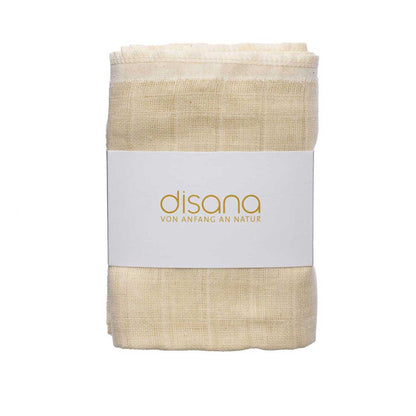 Packaged natural muslin baby washcloths with Disana branded paper wrap, ready for gifting or everyday use