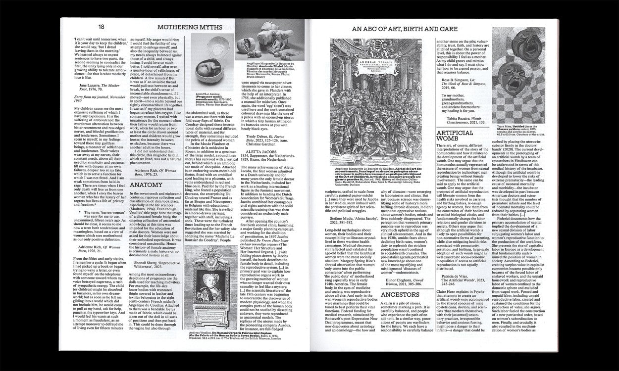 Open spread from Mothering Myths showing text pages exploring care, anatomy and motherhood themes
