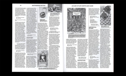 Open spread from Mothering Myths showing text pages exploring care, anatomy and motherhood themes
