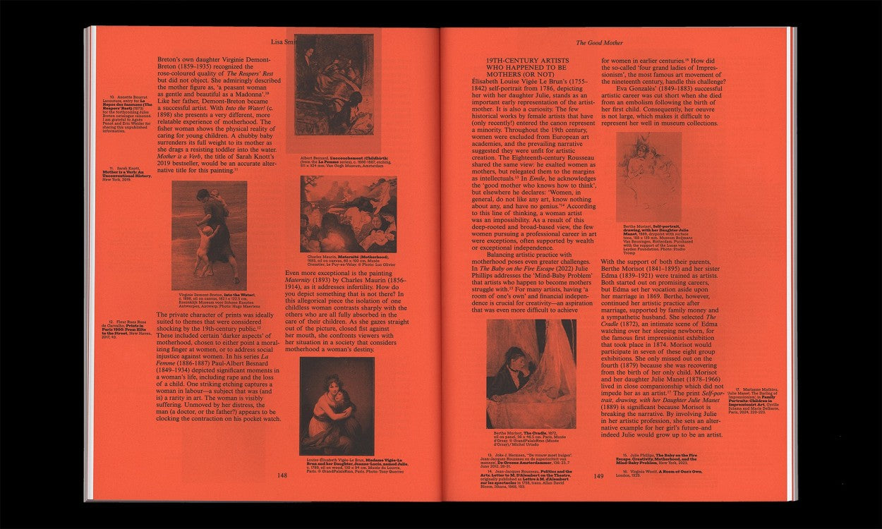 Mothering Myths interior pages with text and artwork examining motherhood in art history