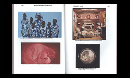 Open book showing visual essays on kinship, labour of love and loss with contemporary art imagery