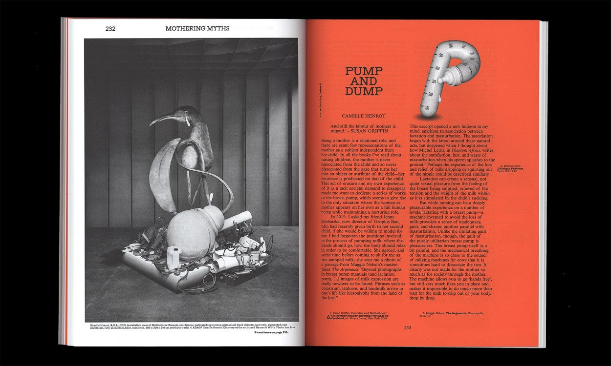 Book spread with sculptural art installation and essay exploring motherhood, pumping and identity