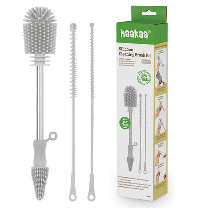 Haakaa silicone cleaning brush kit with retail packaging showing BPA-free and 360° clean features