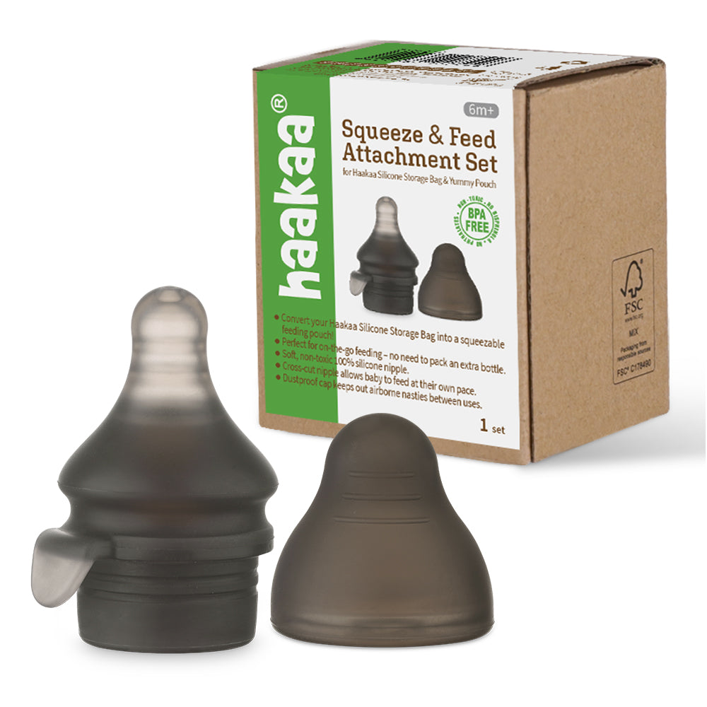 Haakaa squeeze and feed set packaging with BPA-free silicone nipple for babies 6 months and older