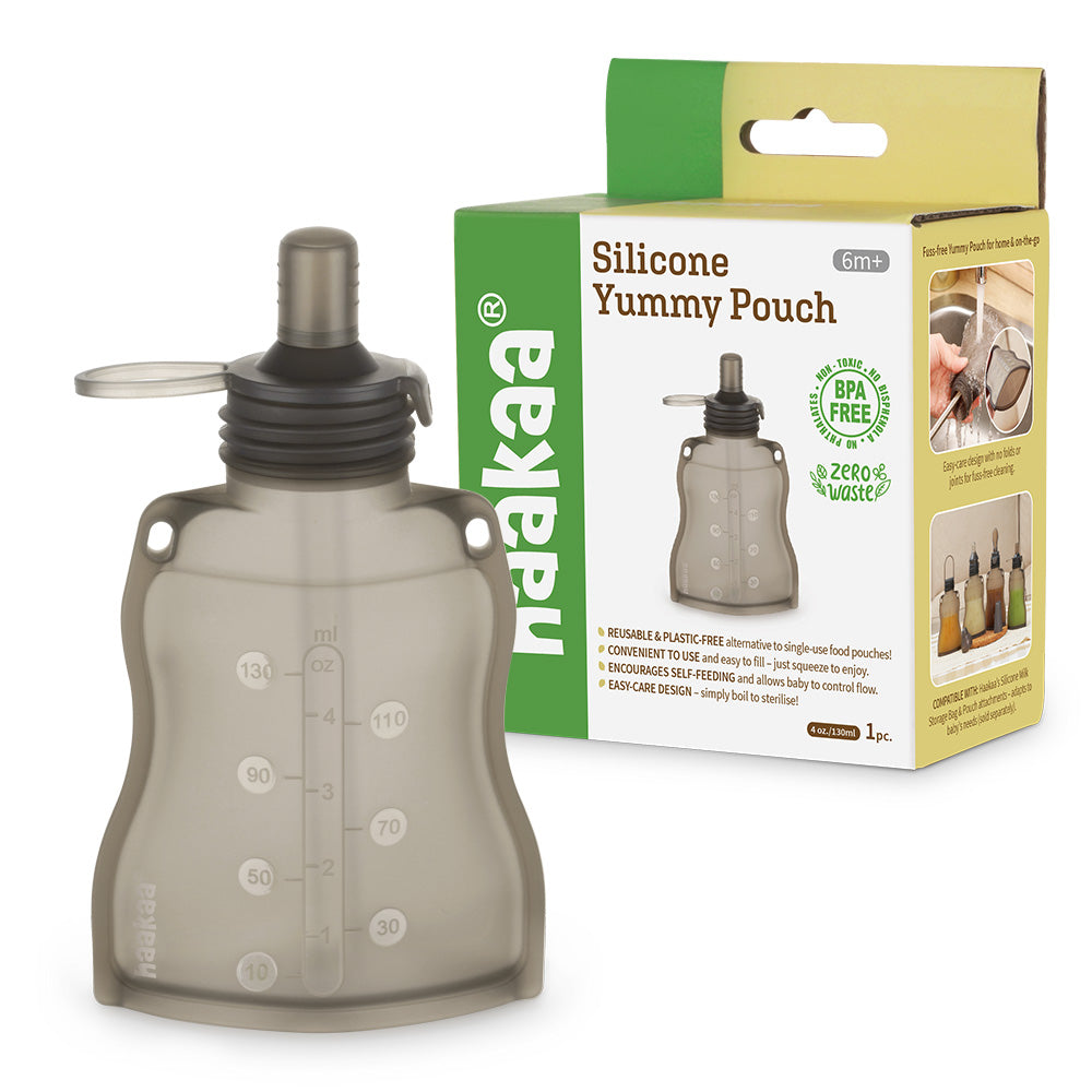 Silicone yummy pouch with sippy spout and retail packaging showing BPA-free zero-waste design