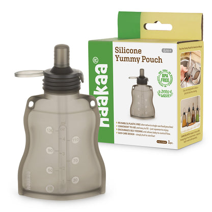 Silicone yummy pouch with sippy spout and retail packaging showing BPA-free zero-waste design
