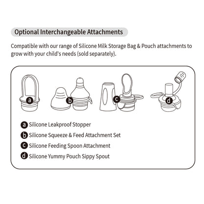 Compatible silicone attachments for yummy pouch including leakproof stopper and feeding spoon
