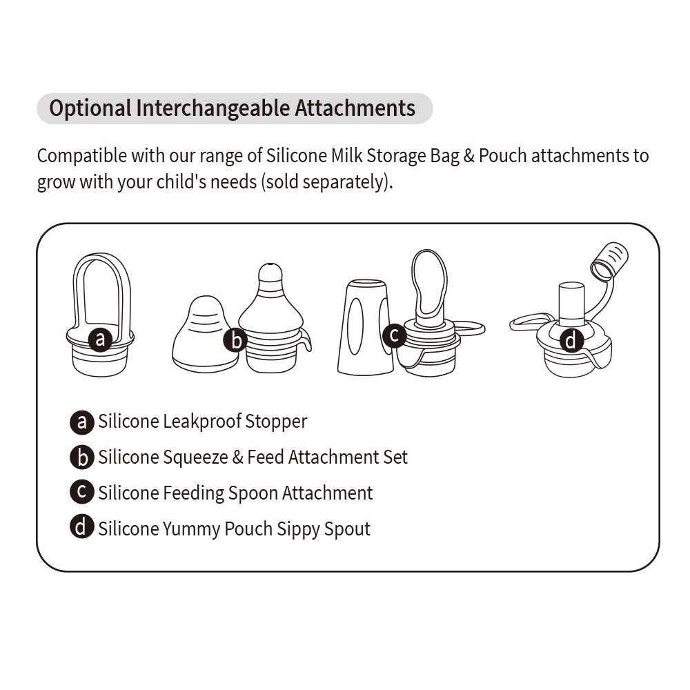 Compatible silicone attachments for baby food pouches including stopper spoon and sippy spout