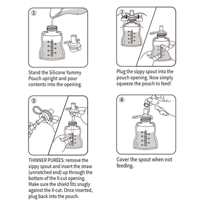 Step-by-step guide for using reusable baby food pouch from filling to squeeze feeding