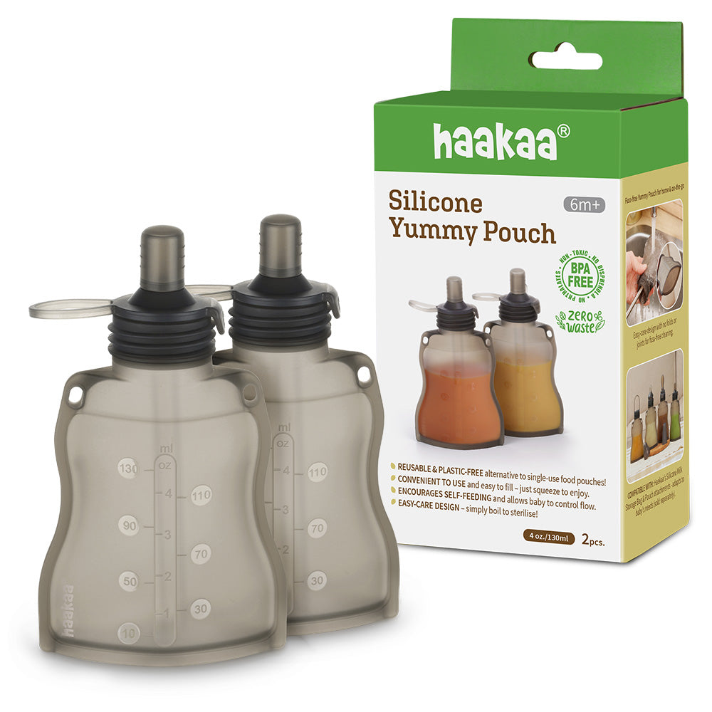 Silicone yummy pouch set of two with retail packaging showing BPA-free reusable design