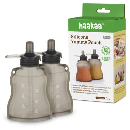 Silicone yummy pouch set of two with retail packaging showing BPA-free reusable design