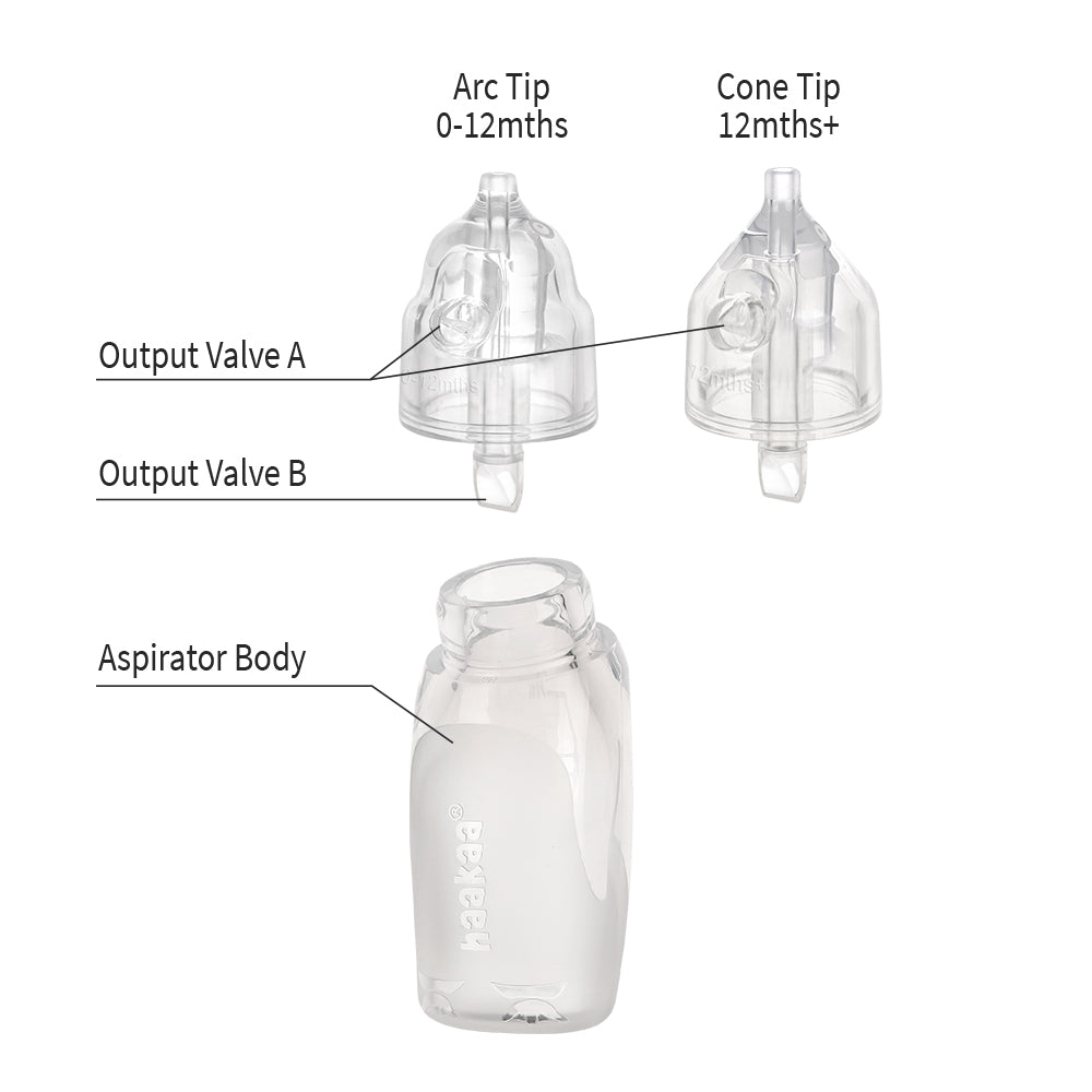 Baby nasal aspirator parts diagram showing interchangeable tips